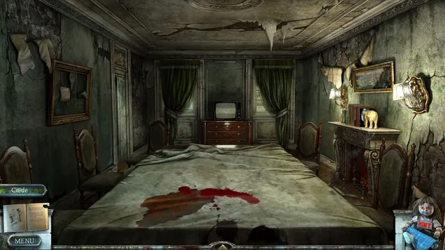 A rotting bedroom with a blood stain on the bed