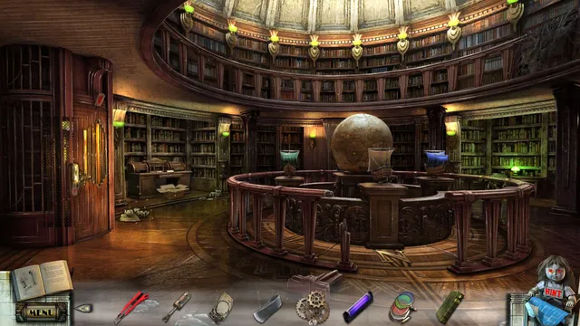 A round wooden library with a gallery of bookshelves and a large globe in the middle