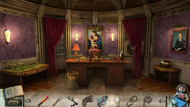 An office with purple walls, red curtains, a desk and old portraits, one of a mother and child