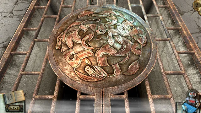 A puzzle close-up: a round bronze plate of interlocking serpents set into an iron grate