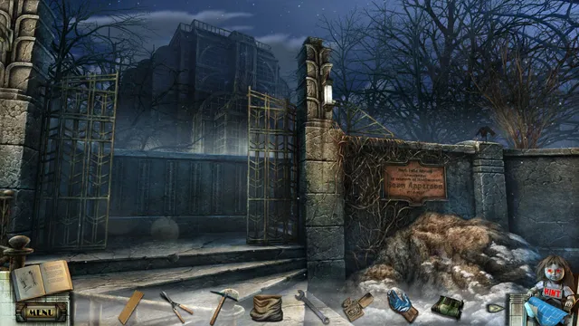The snowy iron gates and walls of the asylum at night, with the inventory bar along the bottom