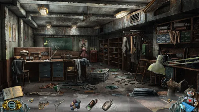 An abandoned sewing workshop with a desk, clothes on hangers and broken glass on the floor