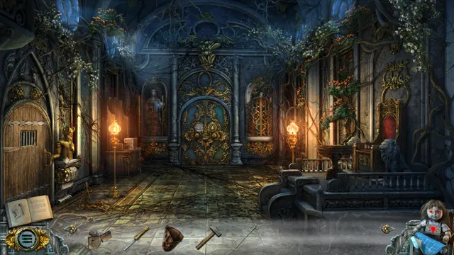 An ornate overgrown hall lit by lamps, with vines over the doors and the inventory bar along the bottom