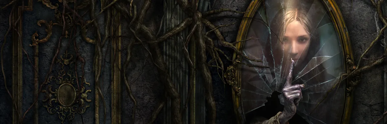 True Fear: Forsaken Souls Part 3 key art: a pale woman with a finger to her lips seen through a cracked mirror in a wall of tangled roots