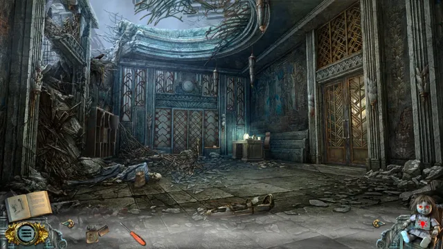 A collapsed, rubble-strewn room with an ornate doorway under a broken ceiling
