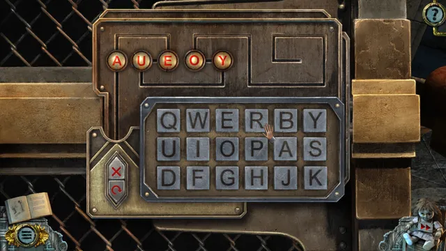 A puzzle close-up: a letter keypad lock on a metal gate