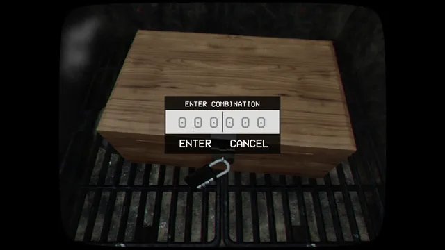 Tunnel Vision screenshot: a padlocked wooden box with a six-digit combination prompt
