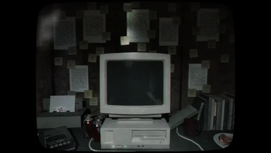 Tunnel Vision animated screenshot: an old computer on a desk in front of a wall of pinned notes