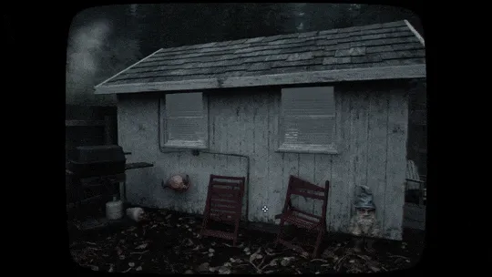 Tunnel Vision animated screenshot: a weathered white shed with two red lawn chairs, seen through a grainy camera frame