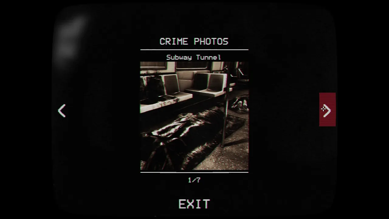 Tunnel Vision screenshot: a crime photo of a subway tunnel shown in a photo viewer marked CRIME PHOTOS