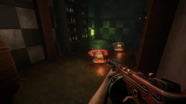 Twisted Tower screenshot: a toothy red telephone creature in a dark checkered corridor, faced with a Tommy gun