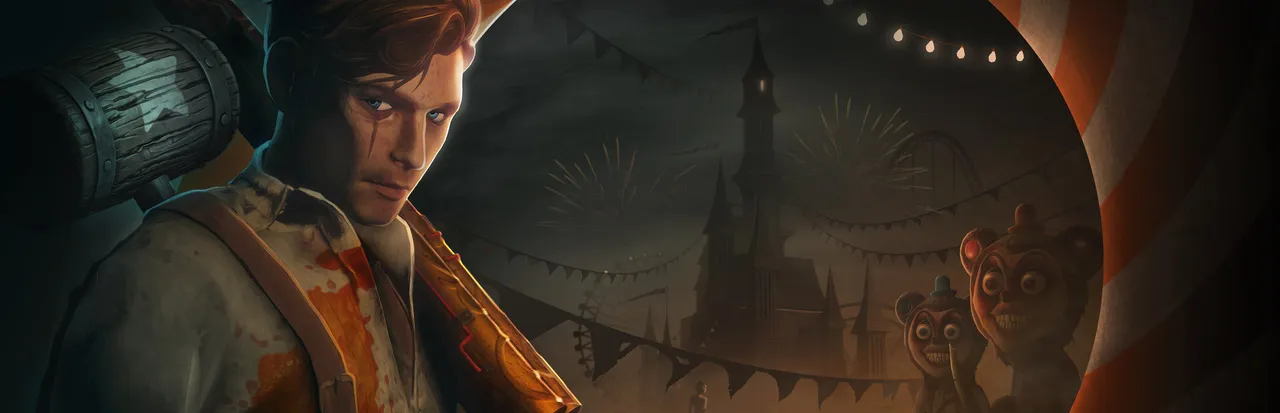 Twisted Tower key art: a man with a bloodied face and a mallet before a fairground tower and two grinning bear mascots