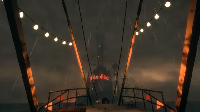 Twisted Tower screenshot: approaching the Twisted Tower resort by boat in the rain under strings of lights