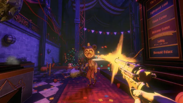 Twisted Tower screenshot: shooting a grinning bear mascot in a confetti-strewn lobby with a toy gun