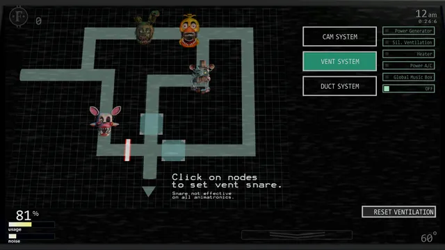 Ultimate Custom Night screenshot: the vent system map with animatronic icons and the option to set vent snares