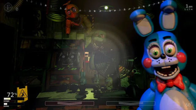 Ultimate Custom Night screenshot: a blue toy rabbit animatronic springs into view at the edge of the dark office