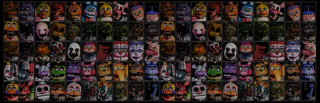 Ultimate Custom Night art: a grid of dozens of animatronic portraits from across the Five Nights at Freddy's series, each with a difficulty number