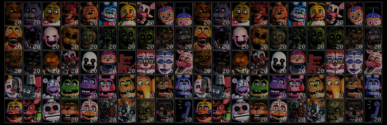 Ultimate Custom Night art: a grid of dozens of animatronic portraits from across the Five Nights at Freddy's series, each with a difficulty number