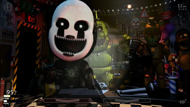 Ultimate Custom Night screenshot: a pale masked puppet looms in the cluttered office while other animatronics stand in the background