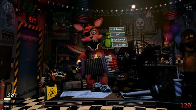 Ultimate Custom Night screenshot: Foxy plays an accordion in the office as a shop of items is offered on screen