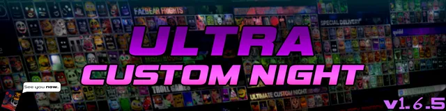 Ultra Custom Night title banner in pink over a wall of character portraits from the roster
