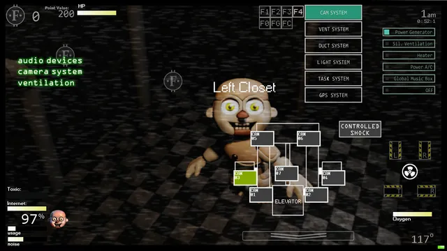 A bald animatronic child with yellow eyes in the Left Closet camera, with the camera map and oxygen meter