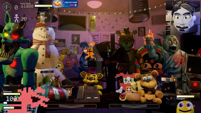 Ultra Custom Night office crowded with characters: a green rabbit, a snowman, Golden Freddy, a Statue of Liberty animatronic, plushies and a pixel Freddy around a desk with a phone and fan