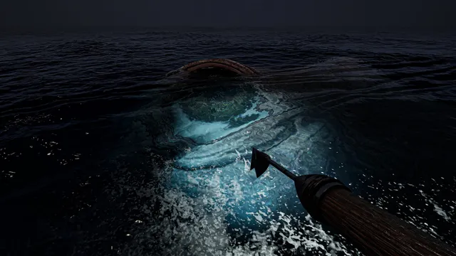 A huge dark shape breaks the surface of the black sea at night in front of the harpoon