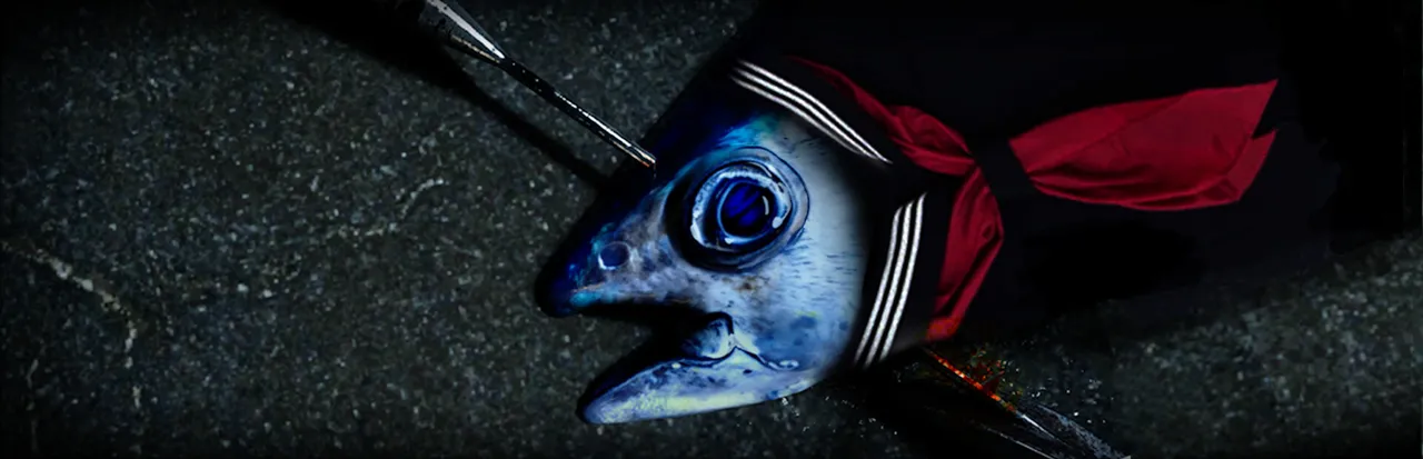 UMIGARI key art: a fish's head in a sailor school uniform collar, pinned by a harpoon on dark ground