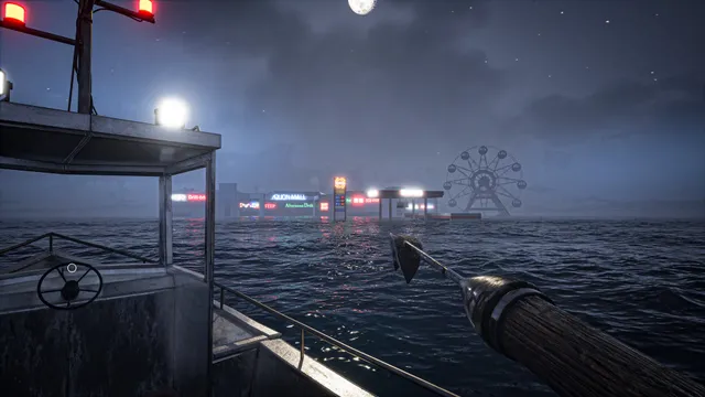 The boat at night on a dark sea, a lit waterfront and a Ferris wheel on the horizon