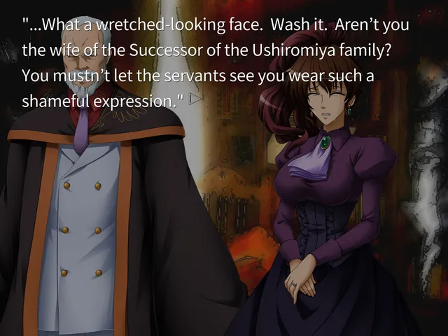 An old man in a black cloak and a woman in purple in a burning red scene, with dialogue text