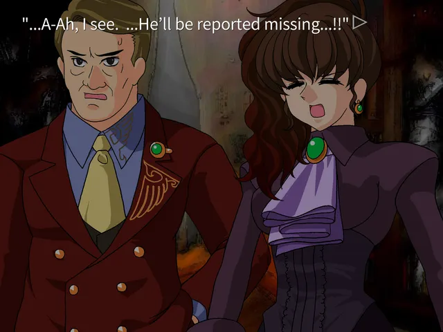 Umineko Answer Arcs screenshot: a man in a red coat and a woman in a dark gown, with the line He'll be reported missing