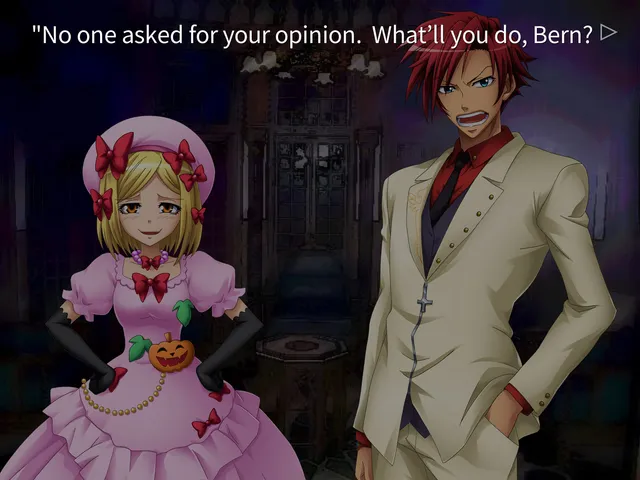 A girl in a frilly pink dress and a red-haired young man in a white suit in a dim mansion hall