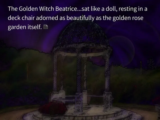 A gazebo in a dark rose garden at night, with text about the Golden Witch Beatrice