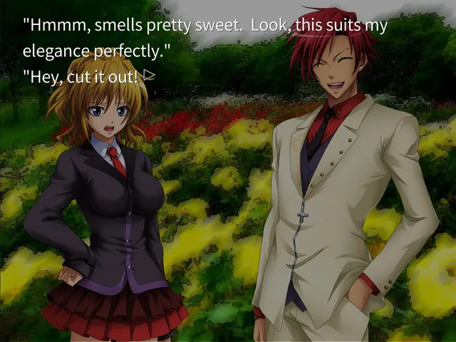 Two cousins, a girl in a school blazer and a young man in a white suit, joking in a garden of flowers