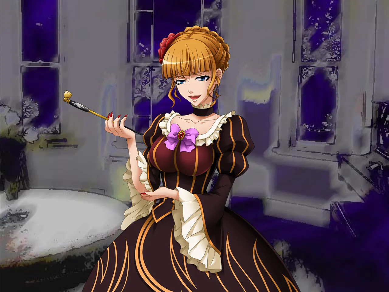 Beatrice, a blonde woman in an ornate black and orange gown, holding a long pipe in a dark purple-lit mansion room