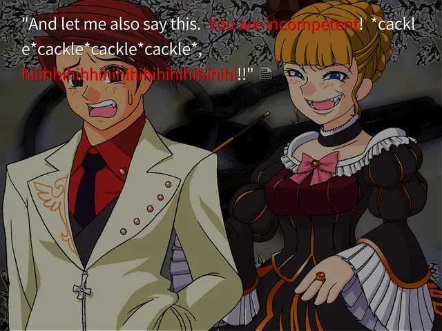 Beatrice laughs maniacally beside a sweating, shaken young man in a white suit, with red text calling him incompetent
