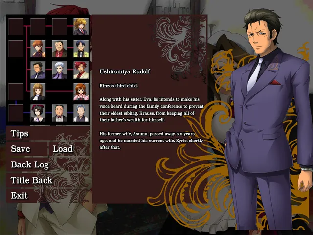 The menu with a family tree chart of character portraits and a profile of Ushiromiya Rudolf