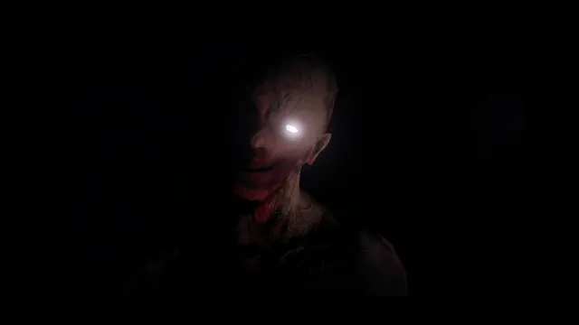 Unbridled Horror screenshot: a pale, bloodied face with one glowing white eye in the dark