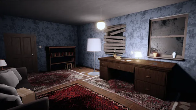 Unbridled Horror screenshot: a lamplit room with a boarded-up window, a desk and patterned rugs