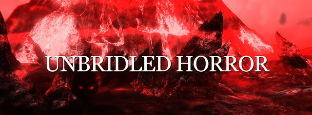 Unbridled Horror key art: the title over a blood-red rocky landscape with a dark figure with glowing red eyes