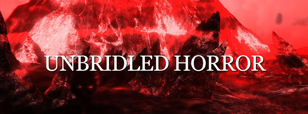 Unbridled Horror key art: the title over a blood-red rocky landscape with a dark figure with glowing red eyes