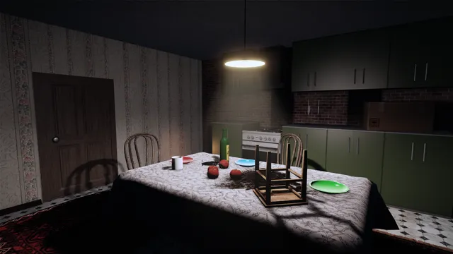 Unbridled Horror screenshot: a kitchen table under a hanging lamp with a stool upturned on it and dirt spilled across the cloth