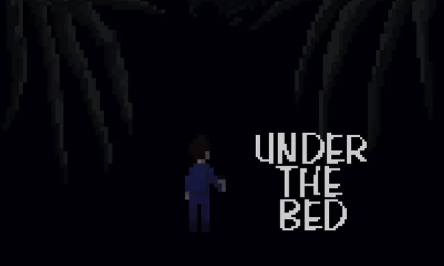 Under the bed title art: a pixel-art child in pyjamas holding a cup stands in darkness while long black claws reach down from above