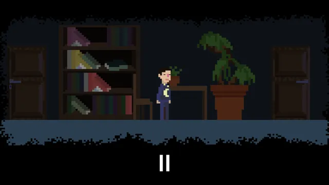 Under the bed screenshot: the paused view of a dark study with a bookshelf, doors and a large potted plant around the child in moon pyjamas