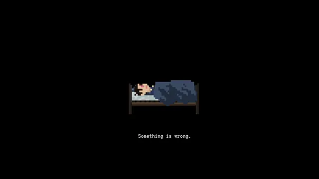 Under the bed screenshot: the child lying awake in bed in a black room, with the words 'Something is wrong.'