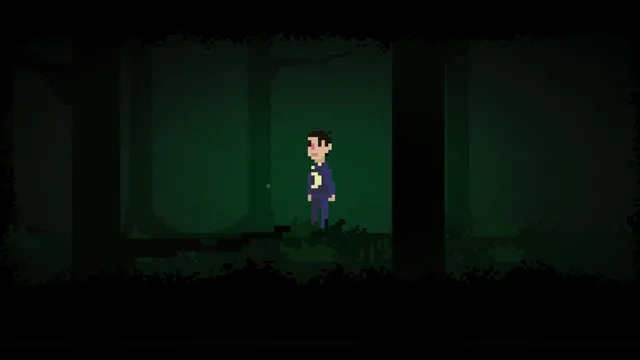 Under the bed screenshot: the child alone among dark green trees in a night-time forest