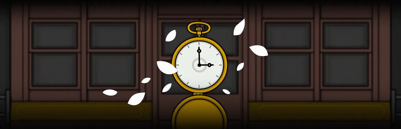 Underground Blossom key art: a gold pocket watch with white petals drifting around it in front of a dark metro carriage