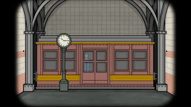 Underground Blossom screenshot: a metro carriage waits at the platform with a conductor in the window and a station clock in front