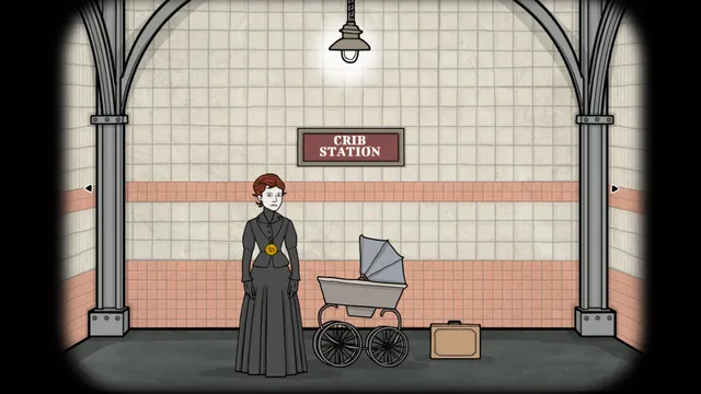 Underground Blossom screenshot: Laura in a black Victorian dress beside a pram and suitcase on the tiled Crib Station platform